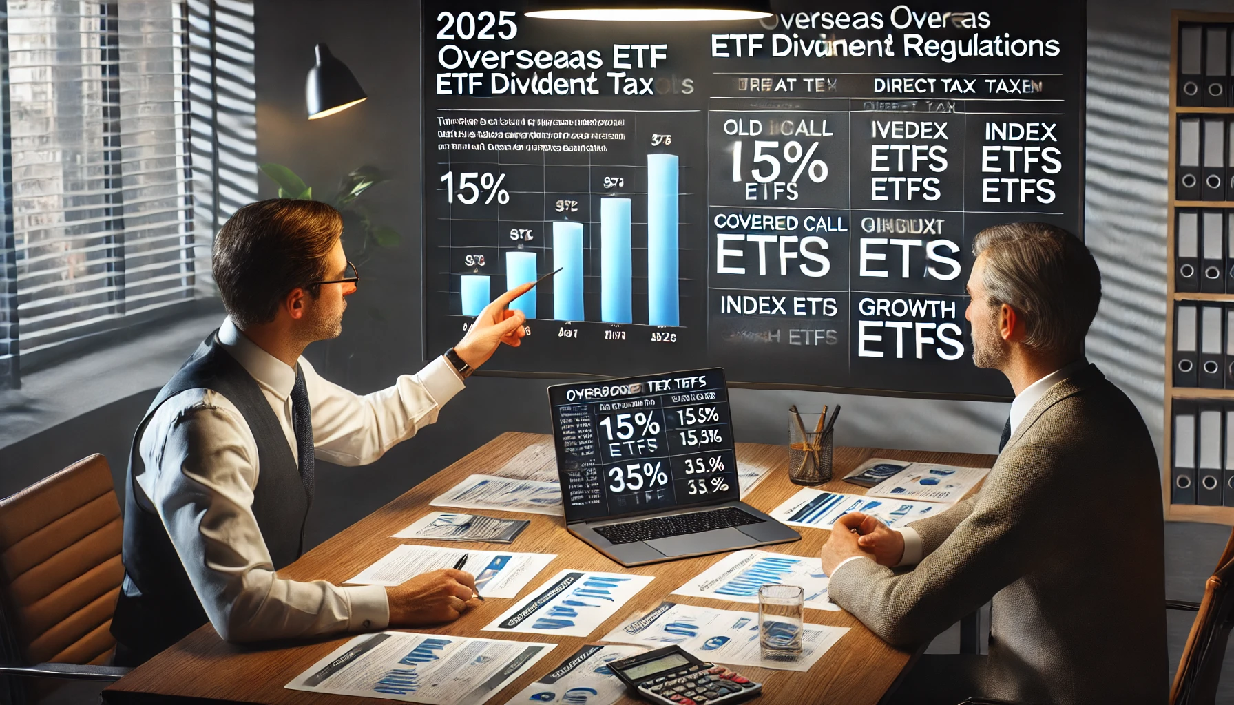 금융 분석가가 2025년 해외 ETF 배당소득세 변경 사항을 투자자에게 설명하는 모습. 노트북 화면에는 기존과 변경된 세금 제도 비교 차트가 표시되어 있으며, 문서에는 커버드콜 ETF, 지수형 ETF, 성장형 ETF 등 대체 투자 전략이 소개됨.