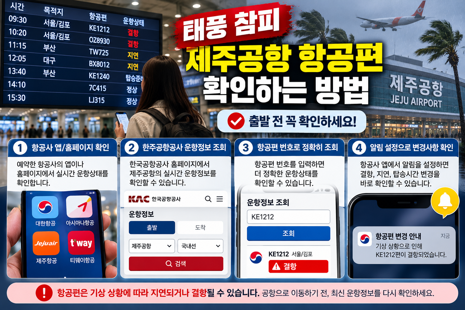 태풍 참피 제주공항 항공편 결항 및 지연 확인 방법, 항공사 앱과 한국공항공사 운항정보 조회 안내