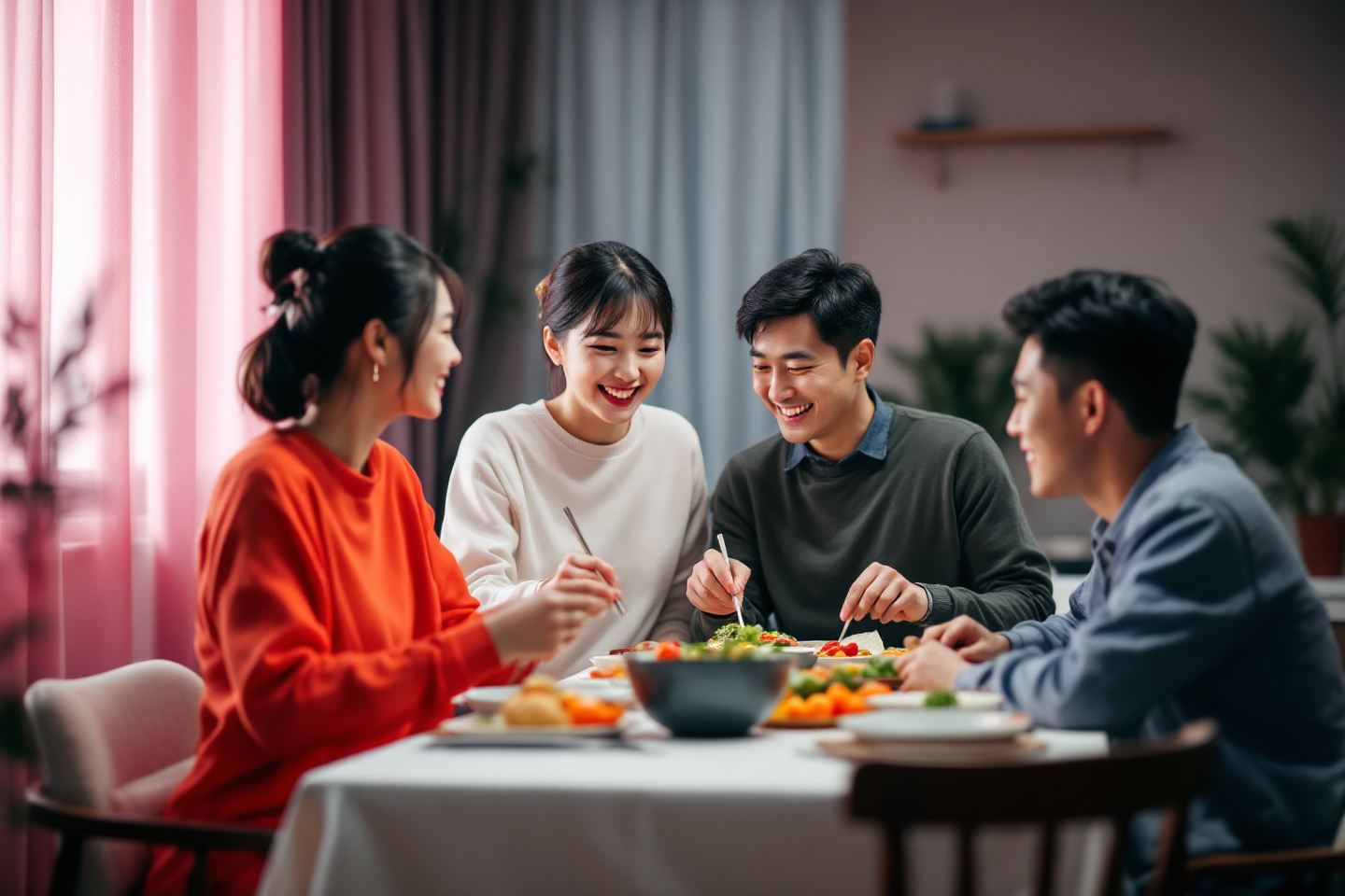 건강한 식단을 앞에 두고 화기애앻한 가족