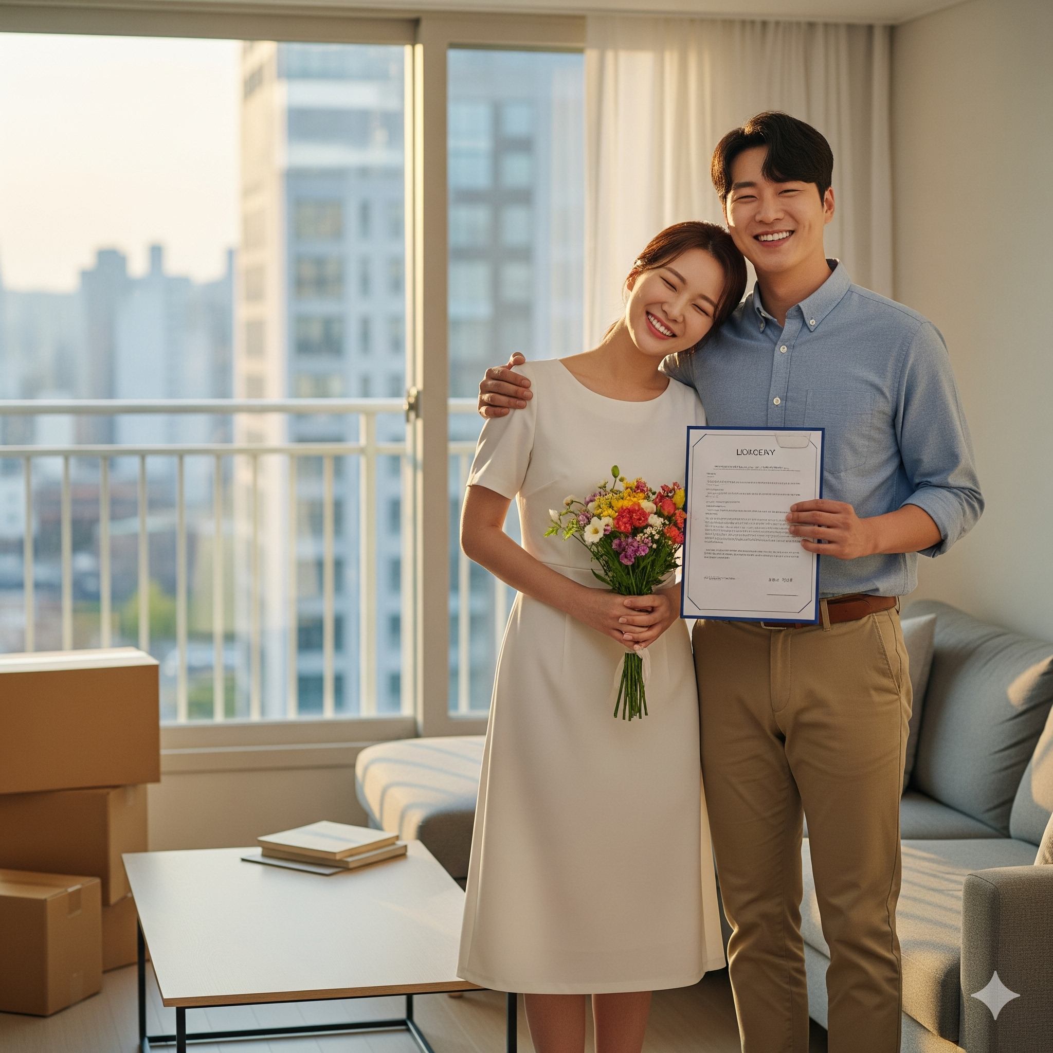 부부가 은행에서 대출 상담을 받고 서류를 확인하는 장면