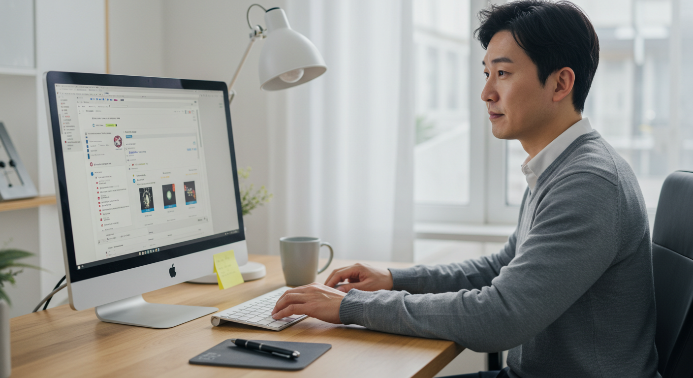 alt="키워드 도구를 검색하는 남성의 작업 공간"