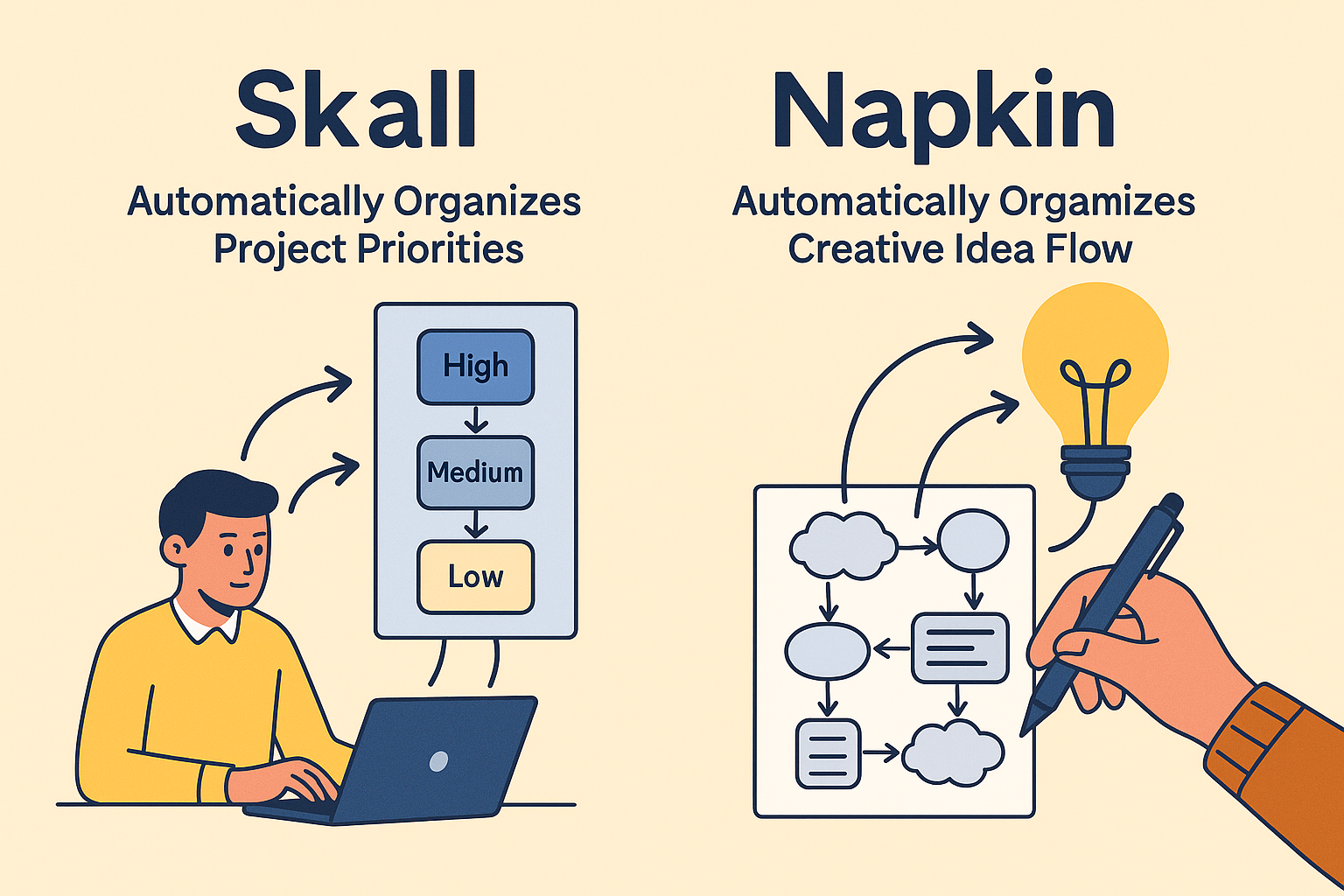 "아이디어를 정리하고 시각적으로 연결하는 두 가지 작업 과정을 표현한 일러스트