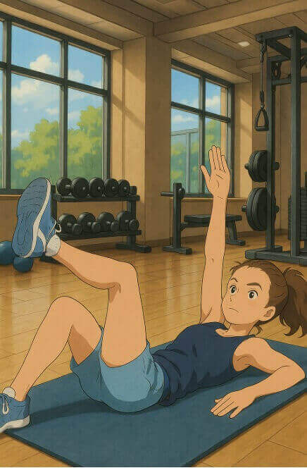 미라 안드레예바 선수가 비밀훈련인 코어 중심 기능성 트레이닝을 하는 지브리 스타일 그림