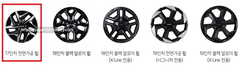 2026 쏘렌토 하이브리드 17인치 전면가공 휠, 18인치 블랙 알로이 휠, X-Line 전용 18인치 블랙 알로이 휠, 시그니처 전용 19인치 전면가공 휠, X-Line 전용 19인치 블랙 알로이 휠 디자인