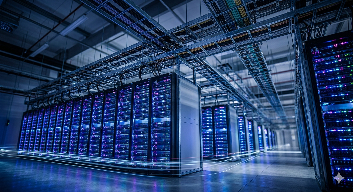 푸른색과 보라색 LED 빛이 흐르는 수많은 서버 랙이 끝없이 펼쳐진 현대적인 AI 데이터 센터 내부 전경. AI 인프라 구축의 핵심인 대규모 데이터 저장 및 처리를 위한 메모리 반도체와 스토리지 기술력을 상징하는 시각 자료.
