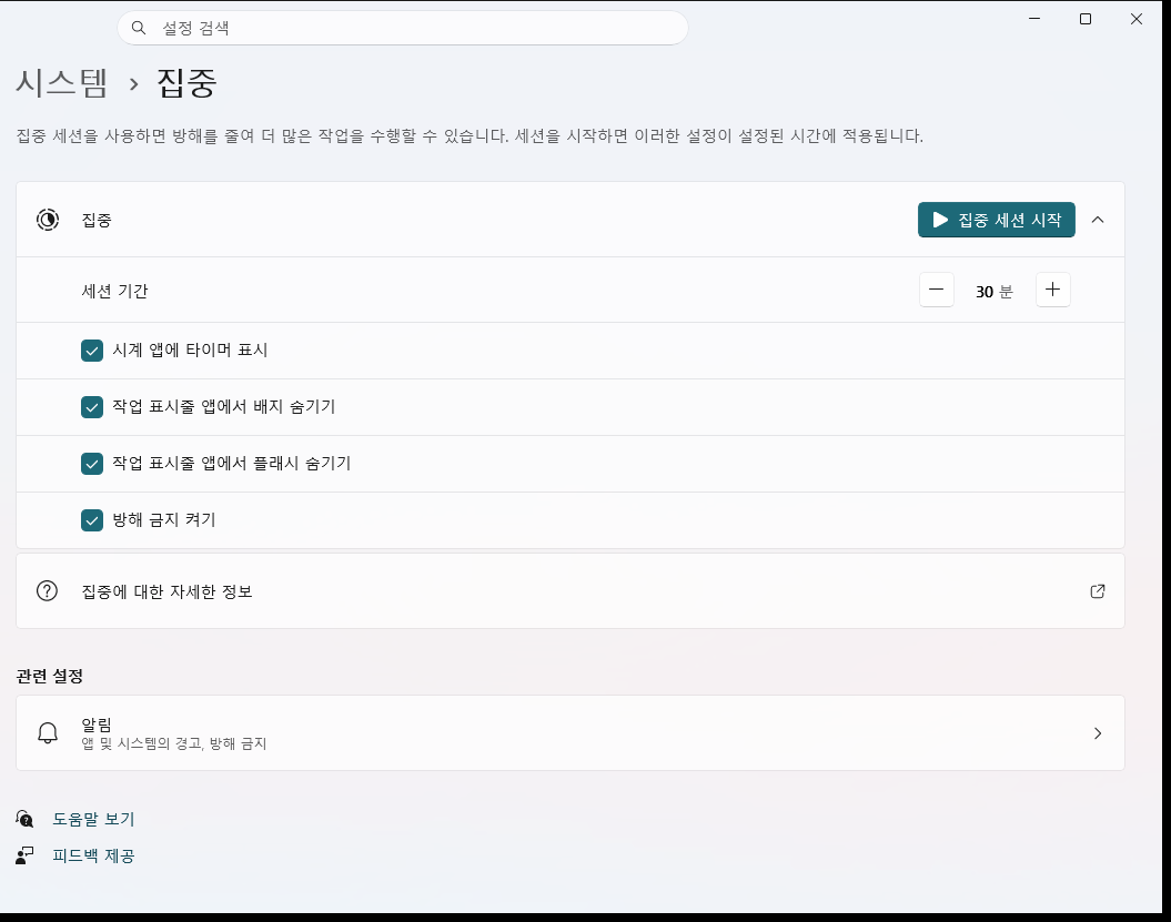 설정 &rarr; 시스템 &rarr; 집중 화면. 집중 세션 시작 버튼과 세션 기간, 확인란 네 개