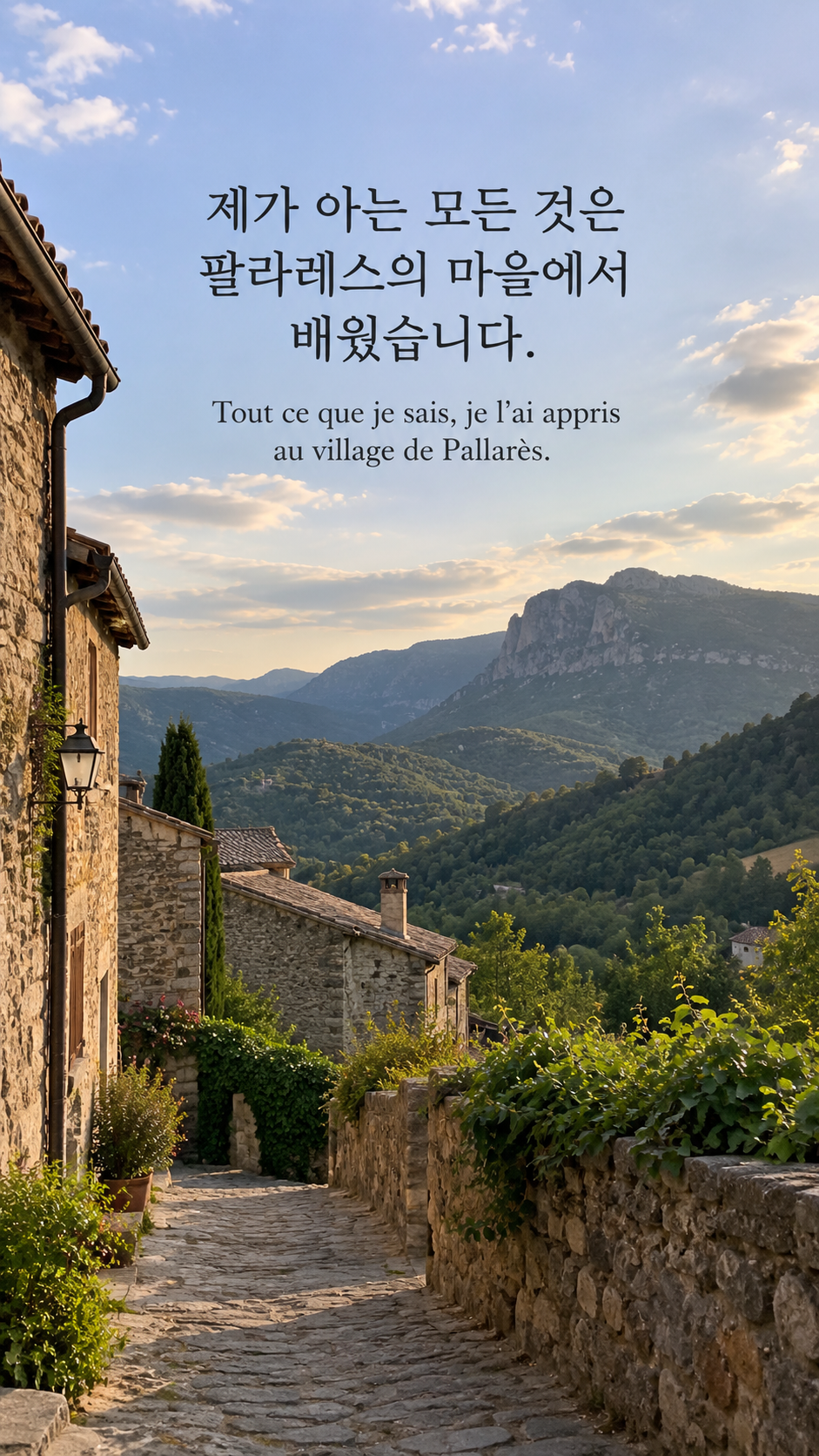 제가 아는 모든 것은 팔라레스의 마을에서 배웠습니다. &mdash; 카탈루냐 산촌의 돌길과 산 능선, 평범한 여행용 디지털카메라의 자연광 사진