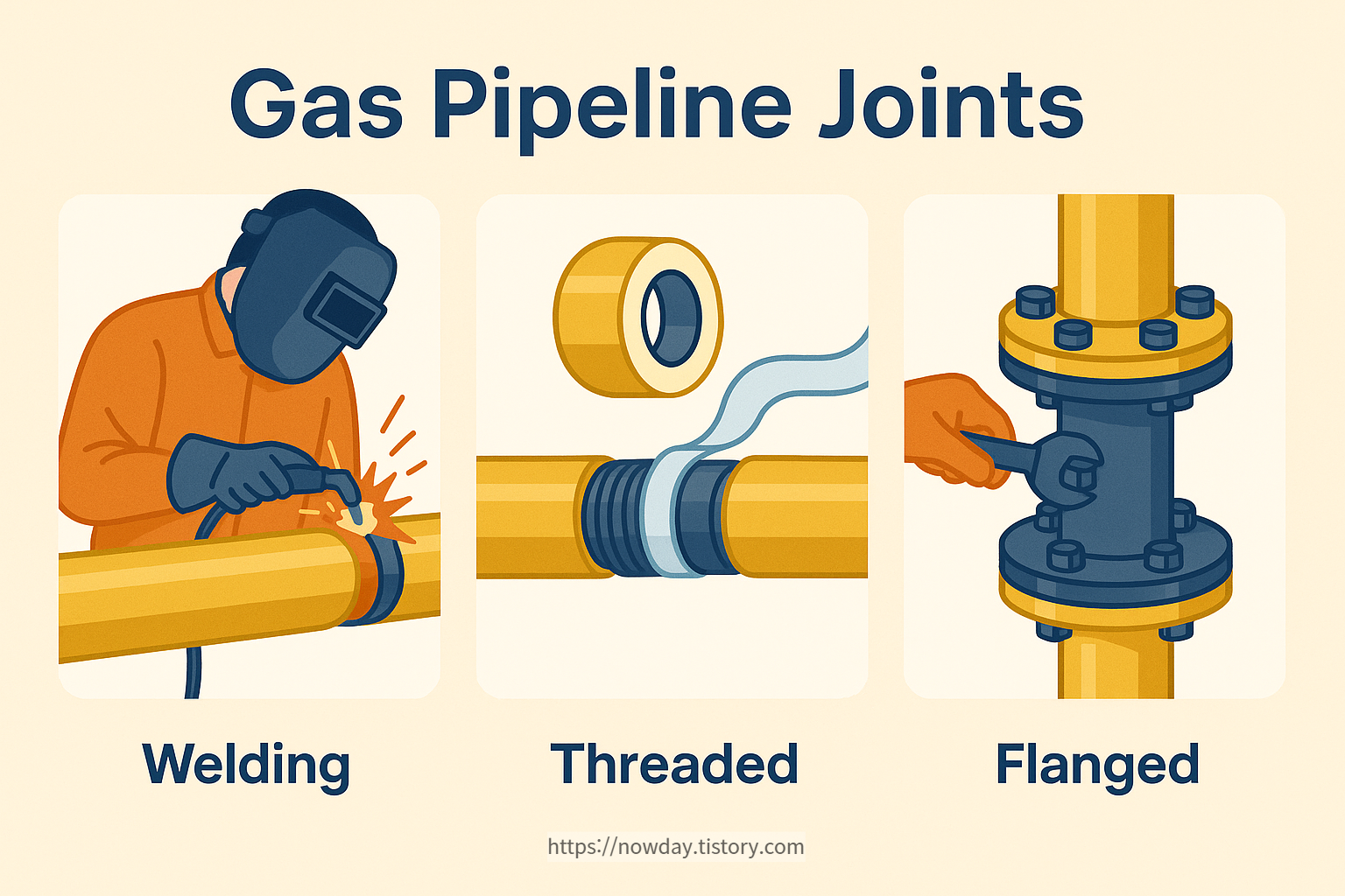 Gas pipeline joint types – welding, threaded, and flanged connection methods