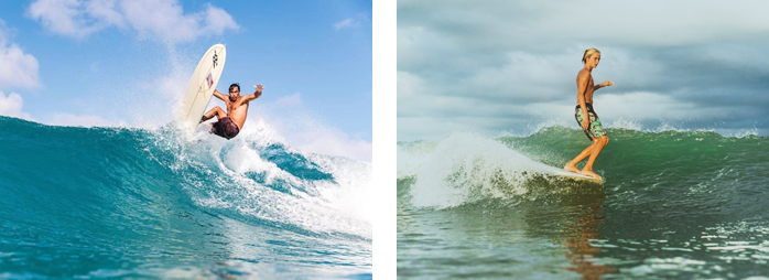 하이 퍼포먼스 스타일로 롱보드를 타는 서퍼(왼쪽)와 트레디셔널 스타일로 롱보드를 타는 서퍼(오른쪽)