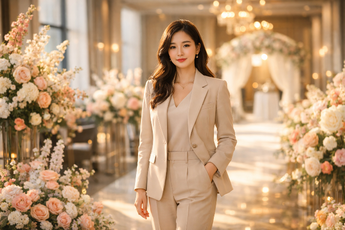 결혼식장의 화사한 분위기와 조화를 이루는 뉴트럴 톤 투피스 셋업 하객 패션.