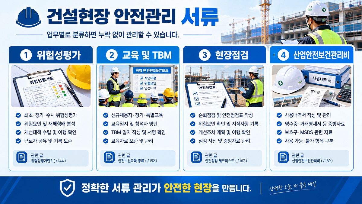 건설현장 안전관리 서류를 위험성평가, 교육, 점검, 비용관리로 구분한 인포그래픽