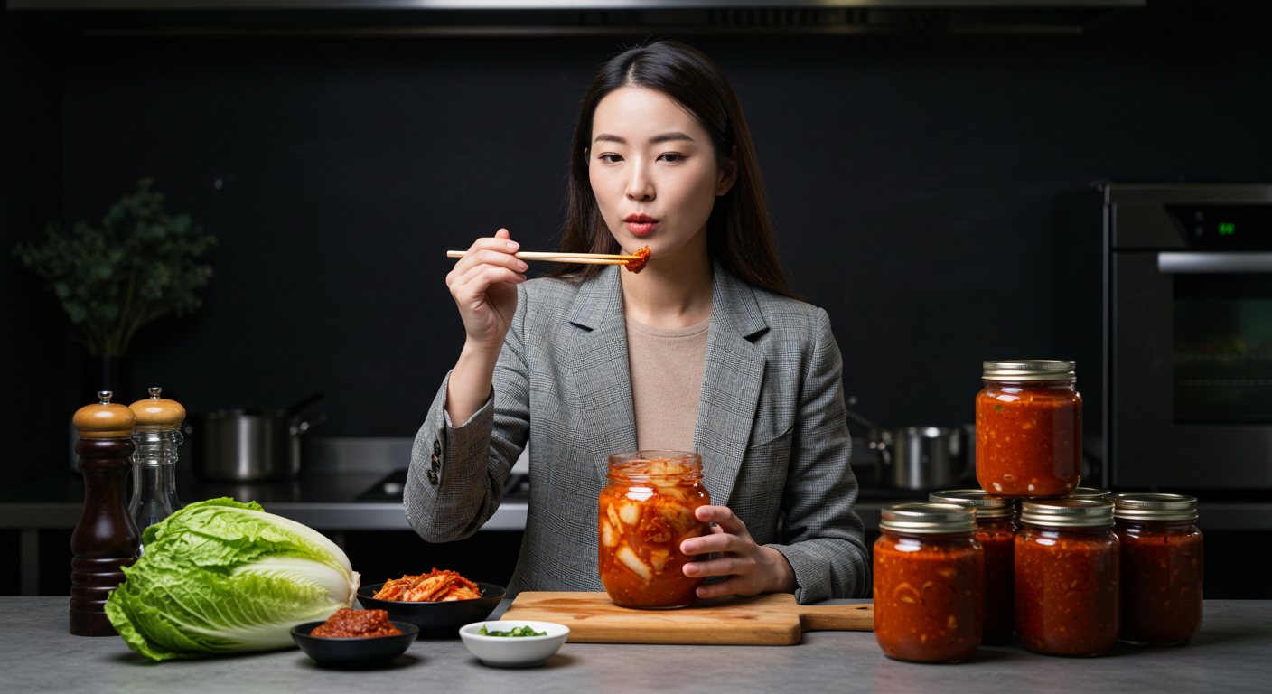 젓가락으로 김치를 들고 있는 한 여성