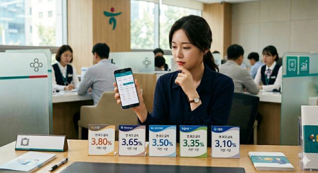 은행 예금 상품 금리를 비교하며 가입 상품을 선택하는 금융 이미지
