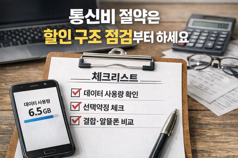 데이터 사용량과 선택약정, 가족결합, 알뜰폰 비교 항목을 함께 점검하며 통신비를 줄이는 방법을 보여주는 체크리스트 이미지