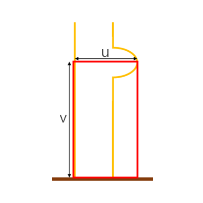 허리 둘레 u, 바지 길이 v 인 바지를 빨간색 사각형으로 표현하고, 노란색 라인으로 하체 둘레를 표현함