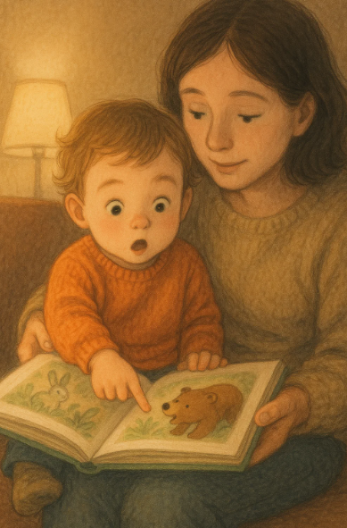 2세 아이가 부모 무릎에 앉아 그림책을 읽으며 그림을 손가락으로 가리키는 모습