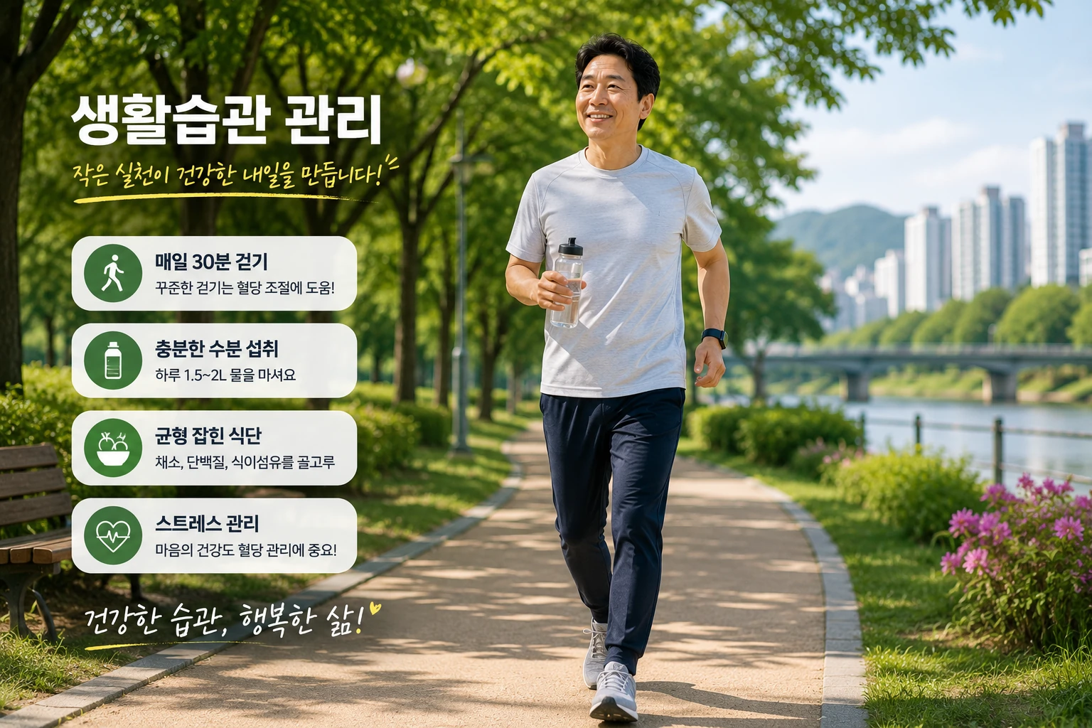 공원에서 가볍게 걷기 운동을 하는 중년 남성