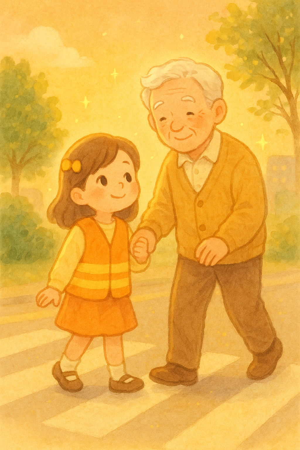 아이의 횡단보도 횡단을 돕는 노인의 행복한 모습