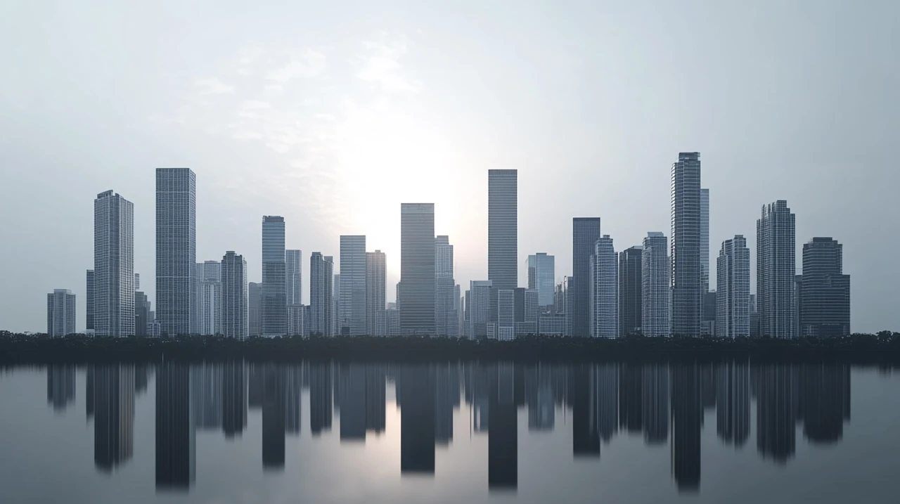 경제 침체에서 회복 중인 도시의 전경은 글로벌 경제 회복의 가능성을 비추며, 따스한 햇빛이 회복과 진보의 분위기를 조성합니다.