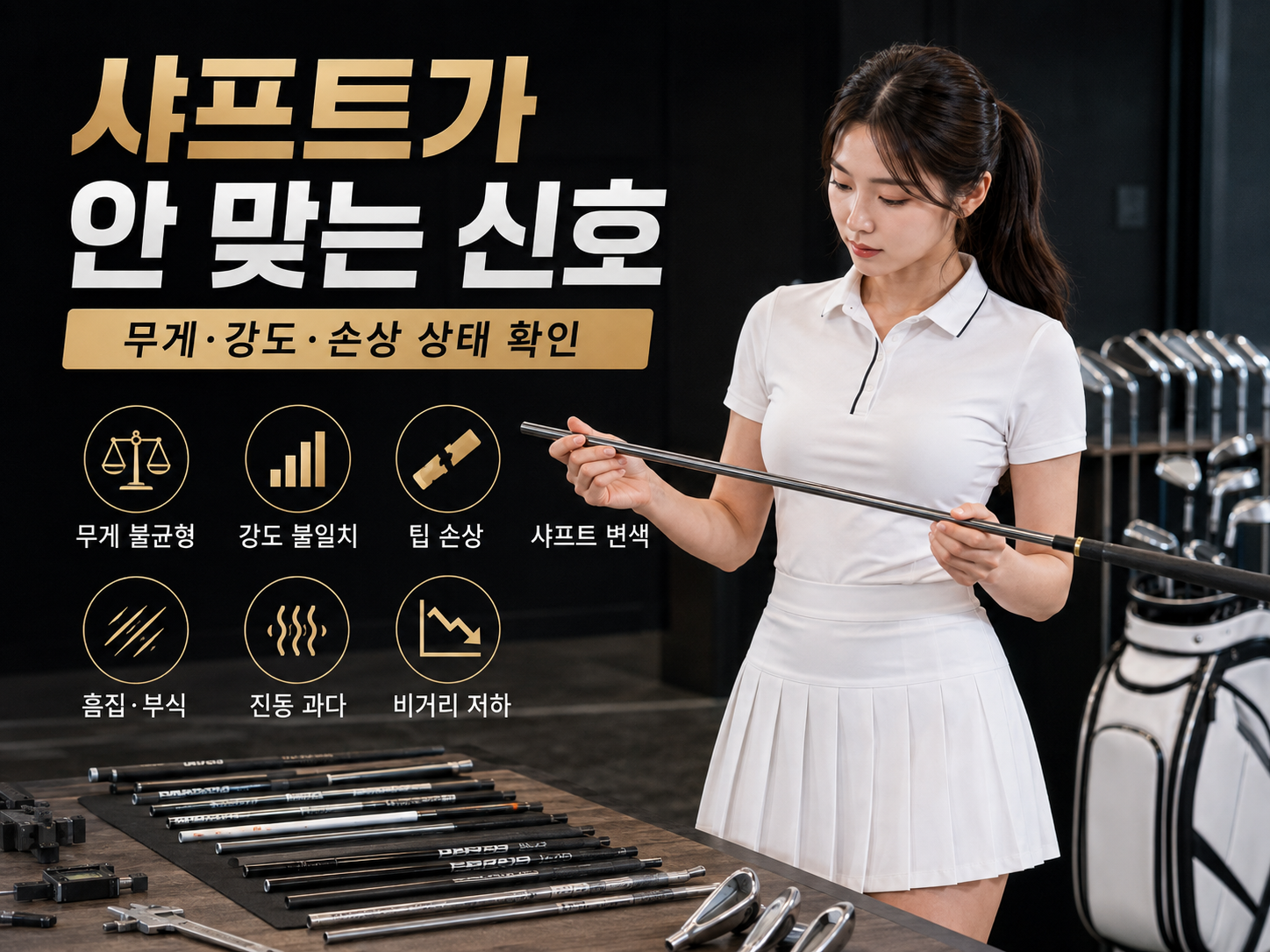 아이언 샤프트의 무게 강도 녹 부식과 손상 상태를 점검하는 골프 피팅 이미지
