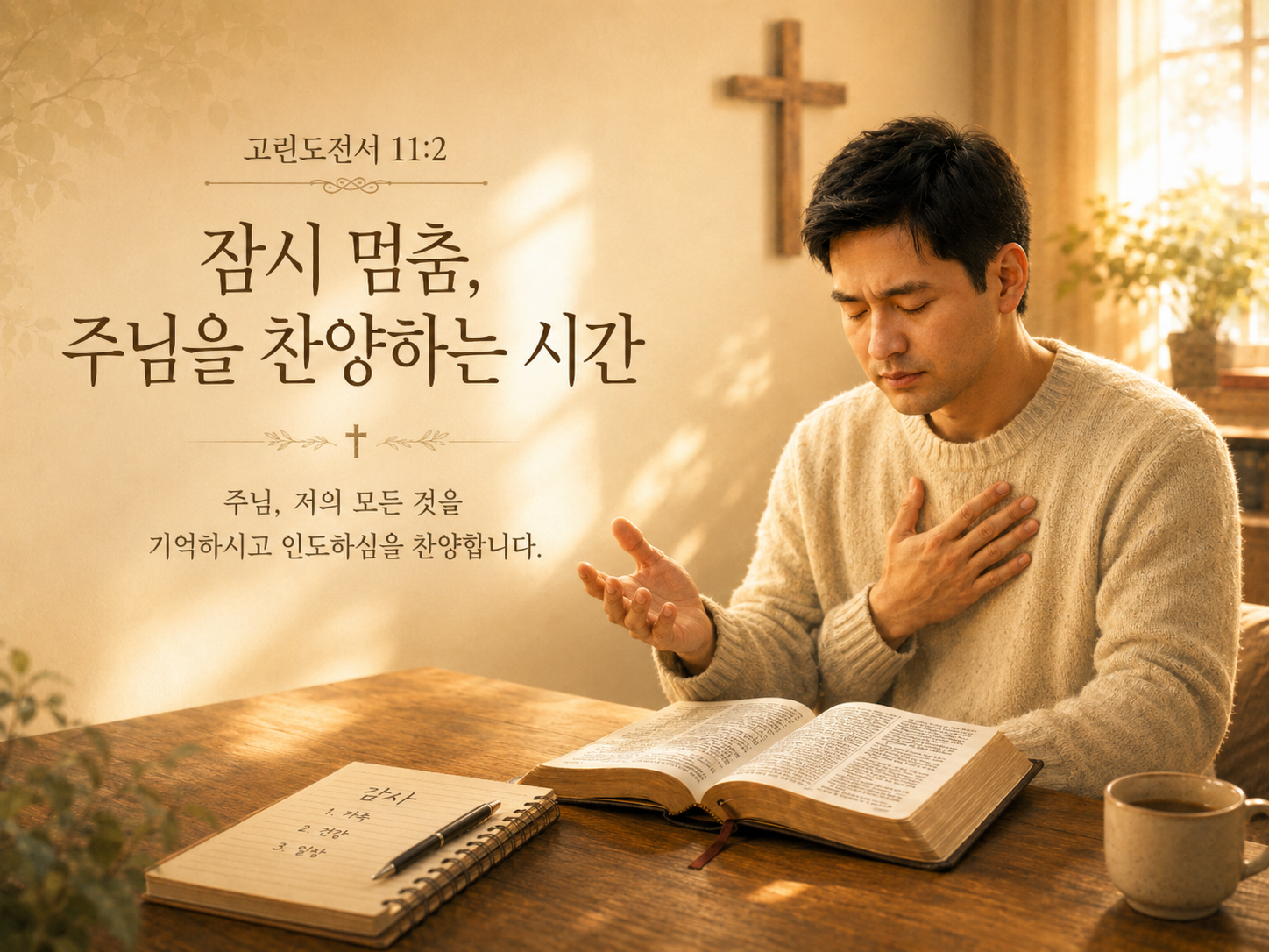 고전 11:2 말씀에서 나의 모든 것을 기억하시고 인도하시는 주님을 바라보며 하나님을 찬양하는 진실한 시간을 가질 것을 적용하겠습니다. 삶의 순간에 잠시 멈춤으로 구별된 시간에 주님을 찬양하는 시도를 하는 모습입니다.