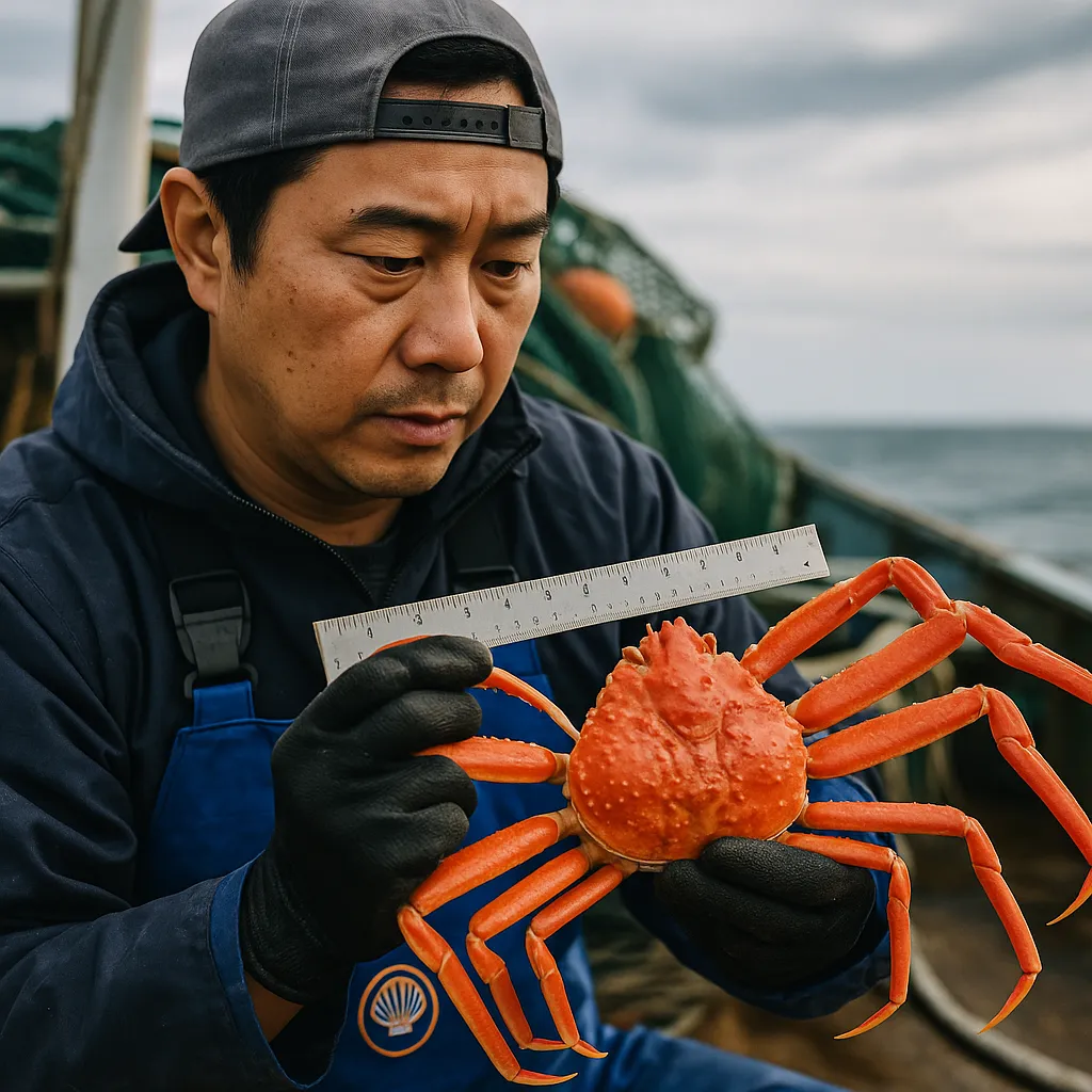 어부가 자를 이용해 붉은대게 크기 측정