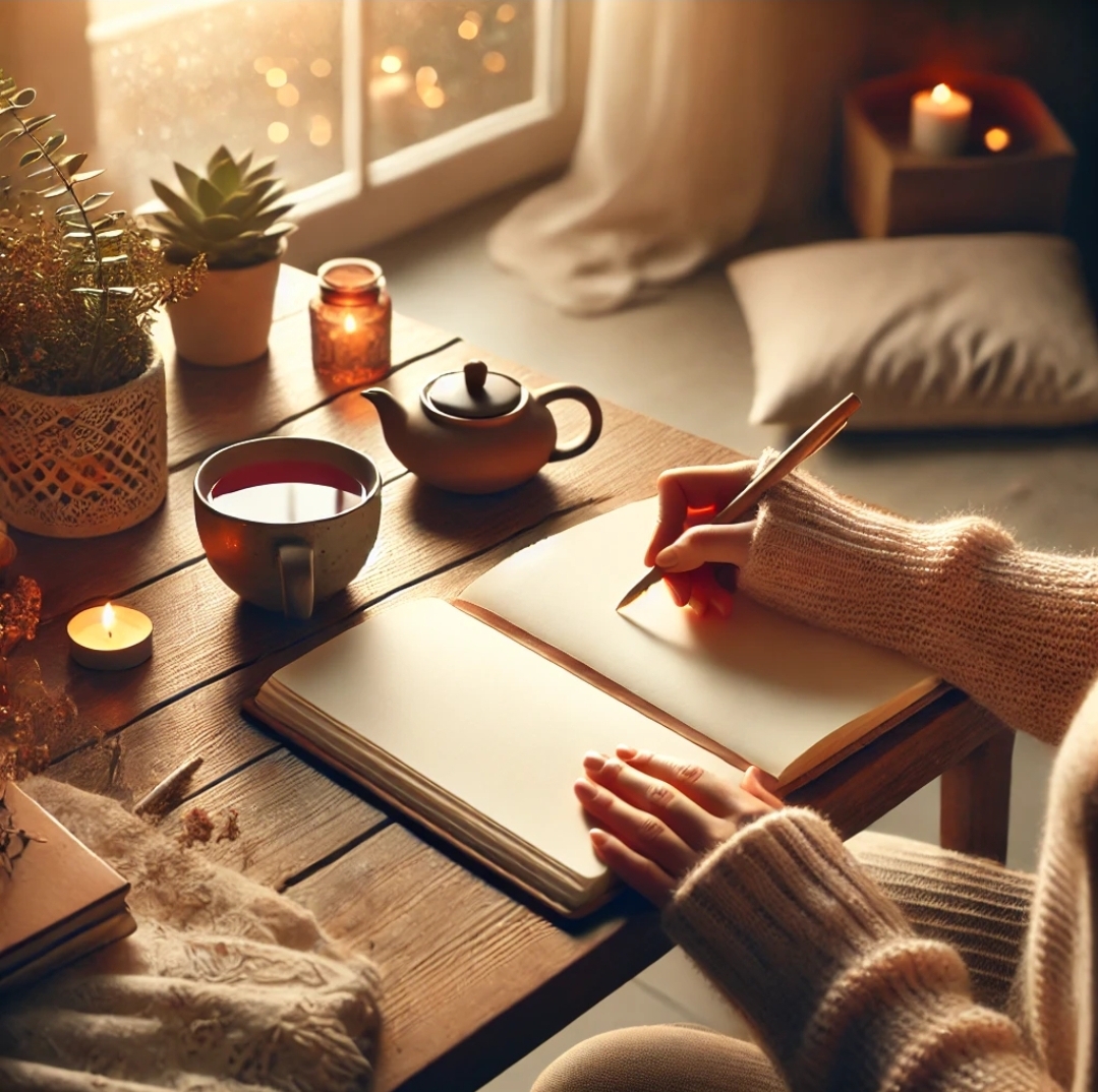 따뜻한 분위기 속에서 노트에 감사한 순간들을 기록하는 모습