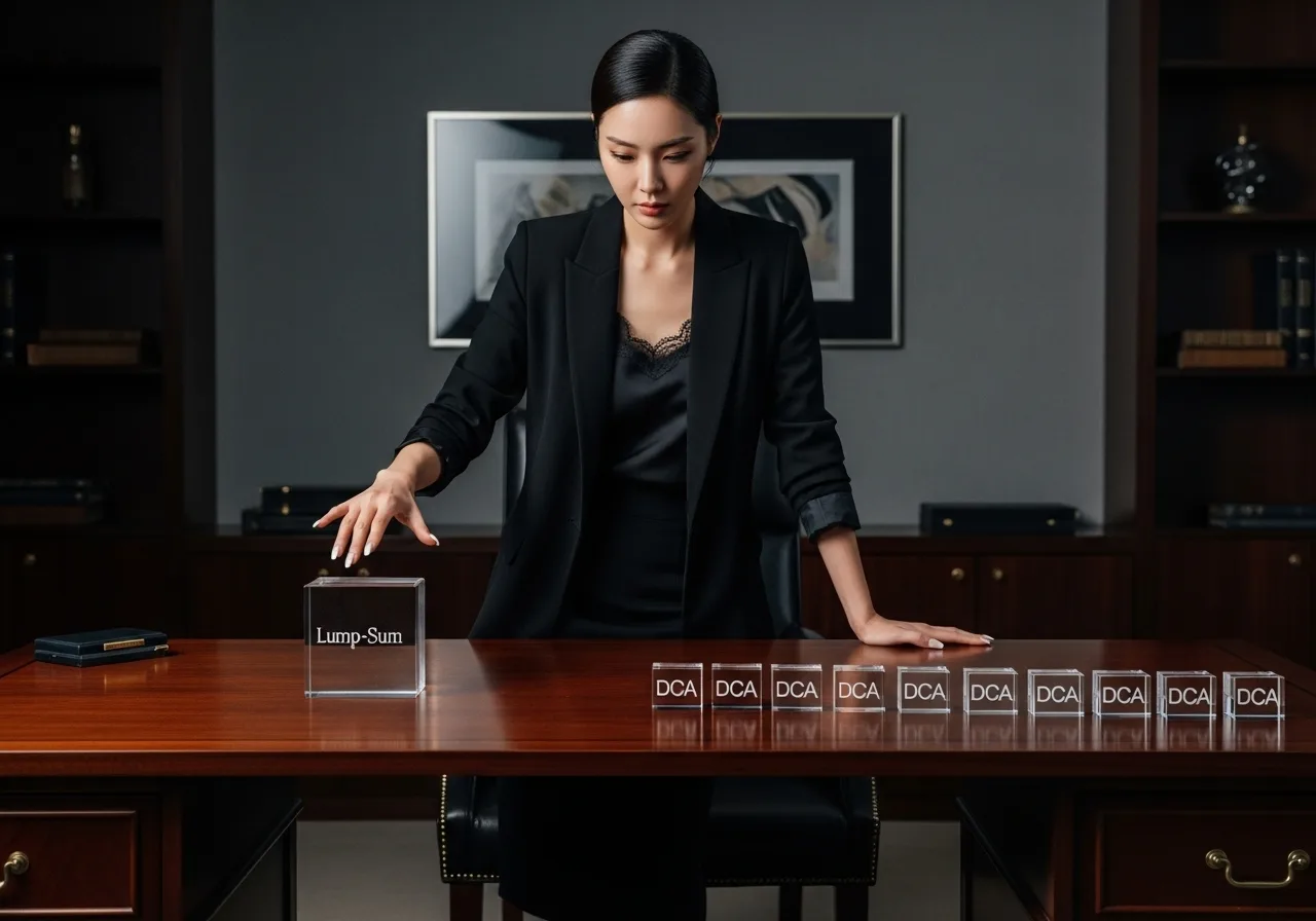 세련된 오피스에서 젊은 한국인 여성이 책상 위에 놓인 하나의 큰 블록('Lump-Sum')과 여러 개의 작은 블록('DCA') 사이에서 신중하게 선택하고 있다