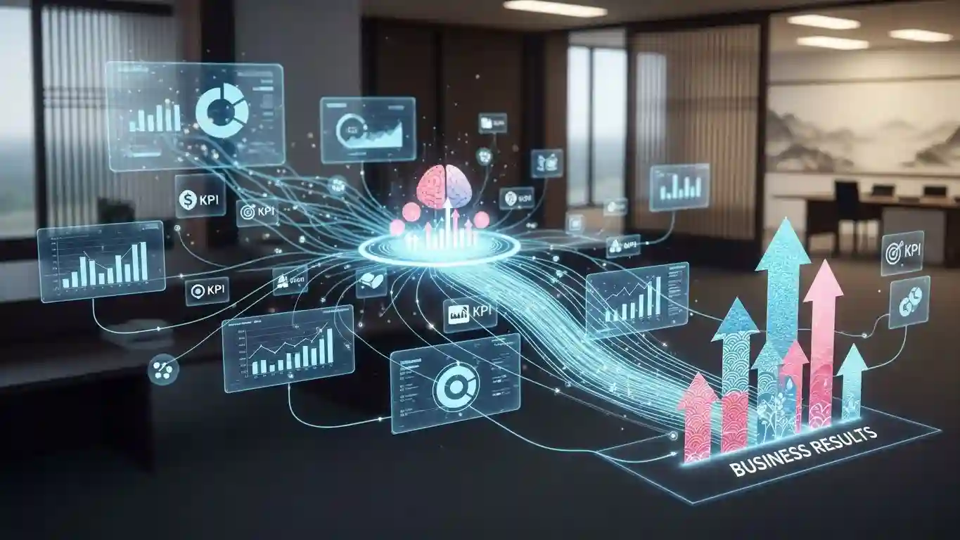 <img src="performance_indicators_visualizing_data_flow_into_business_results.webp" alt="성과 지표가 데이터 흐름을 경영 성과로 시각화해 변화의 효용을 보여주는 이미지 입니다">