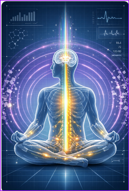 양심의 청정도와 뇌 메모리 비움(虛)을 결합하여, 전신 척수 전자기 흐름을 최상의 율려 상태로 복원하고 세포 전체에 맑은 주권의 안테나를 가설하는 허령(虛靈)의 전뇌 조율 회로도