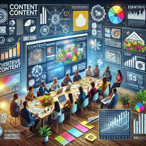 콘텐츠 기획 회의나 브레인스토밍하는 모습
SNS 피드와 콘텐츠 제작 도구(예: Photoshop, Premiere Pro) 스크린샷
데이터 분석 화면과 인포그래픽, 창의적인 콘텐츠 예시