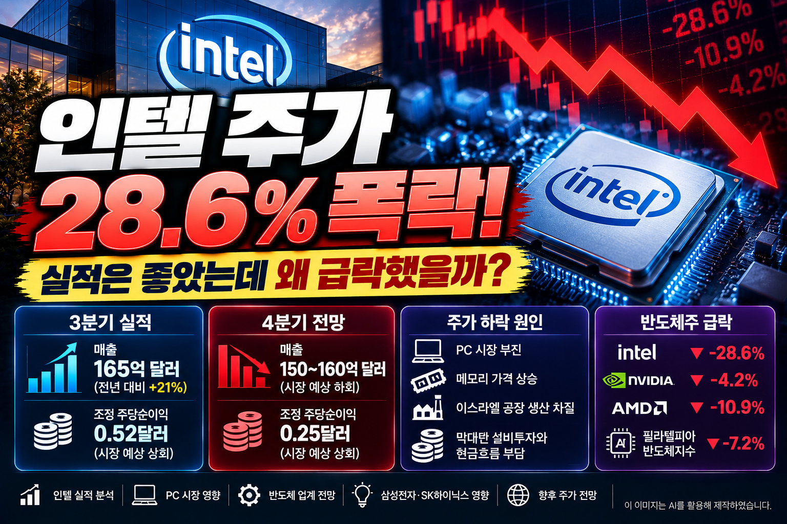 2026년 10월 30일 인텔 주가 28.6% 폭락 원인과 3분기 실적, 4분기 매출 전망 악화, PC 시장 부진 및 삼성전자·SK하이닉스에 미칠 영향을 분석한 이미지