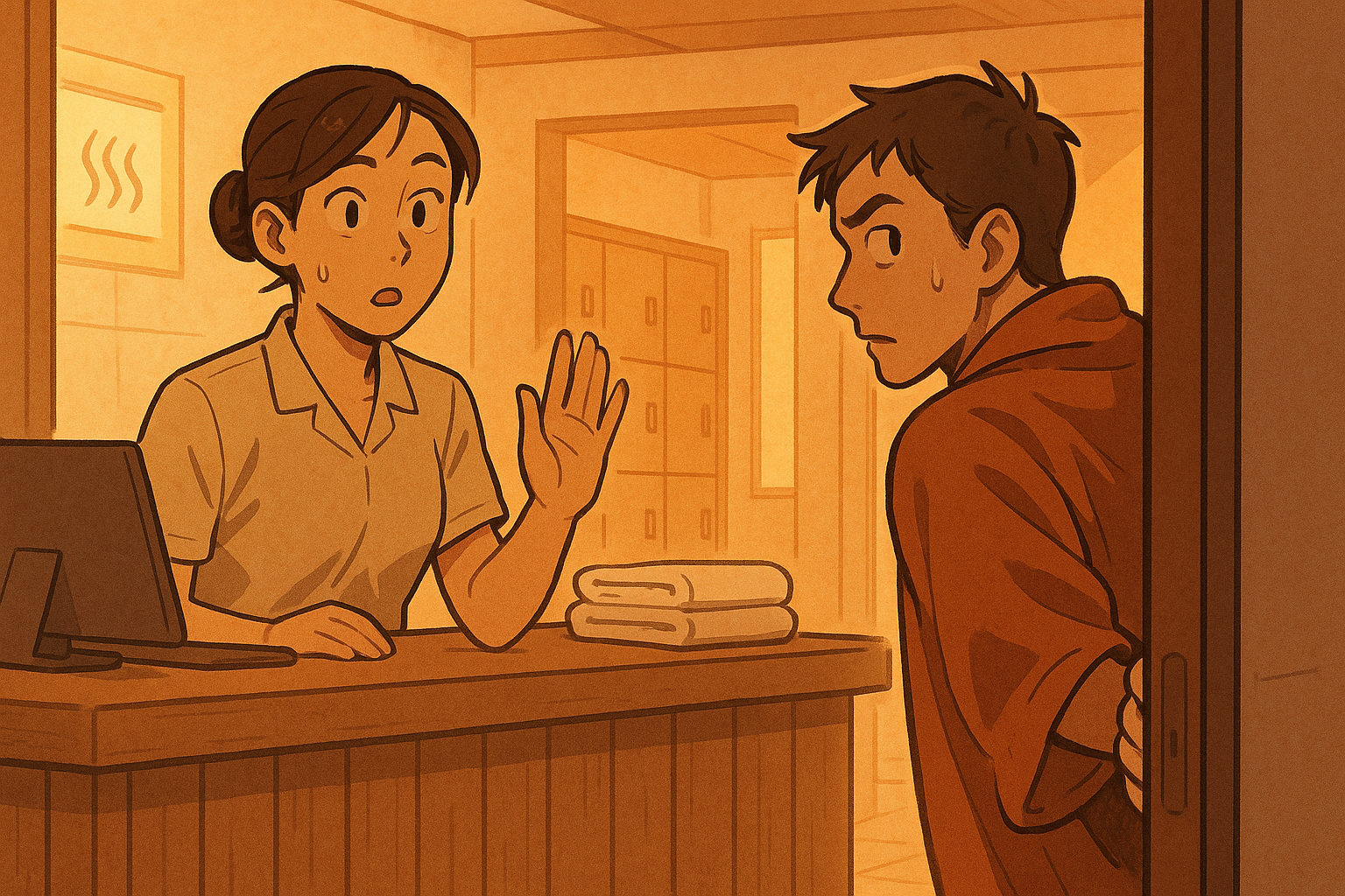 목욕탕 카운터의 여직원과 당황한 남성 일러스트