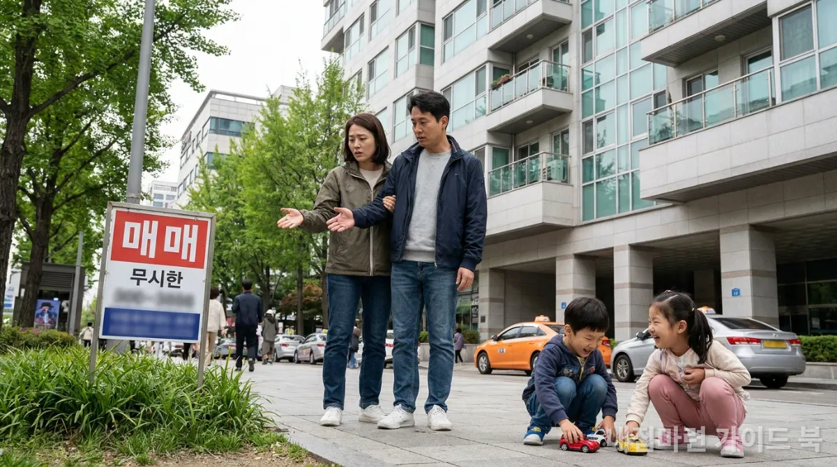 아파트 매물 앞에서 부동산 정책에 대해 고민하는 한국인 가족