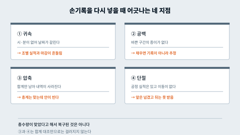귀속 공백 압축 단절 네 지점의 증상과 결과를 정리한 카드 네 장