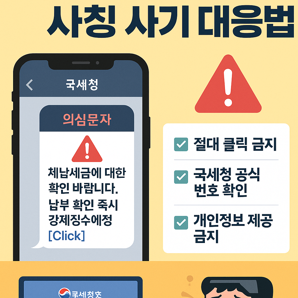 국세청을 사칭한 스미싱 문자와 보이스피싱에 대응하는 방법을 설명한 경고 스타일 인포그래픽 – 의심 문자 예시, 공식번호 확인, 클릭 금지 안내 등 포함