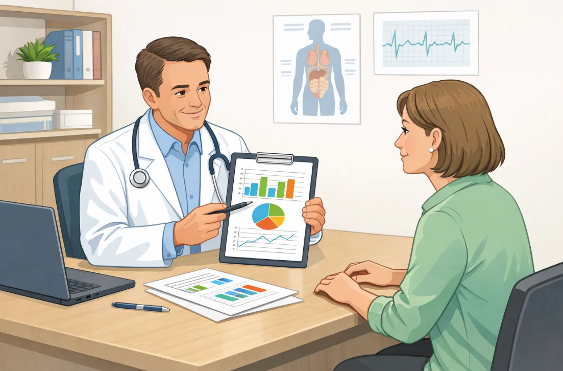 부정맥 검사 결과와 변화 추이를 설명하며 환자와 상담하는 의료진 장면