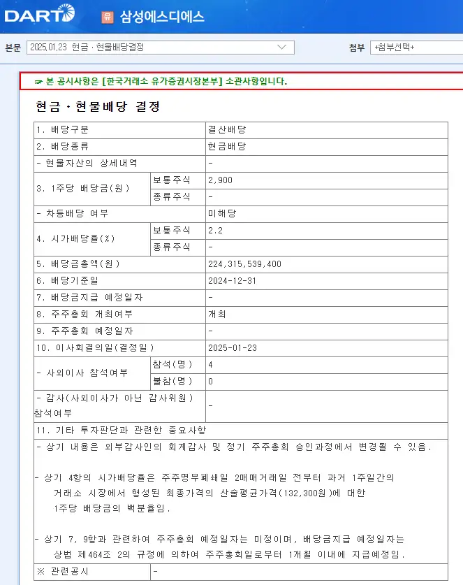 삼성에스디에스(018260) 2025년 배당 및 실적 배당금