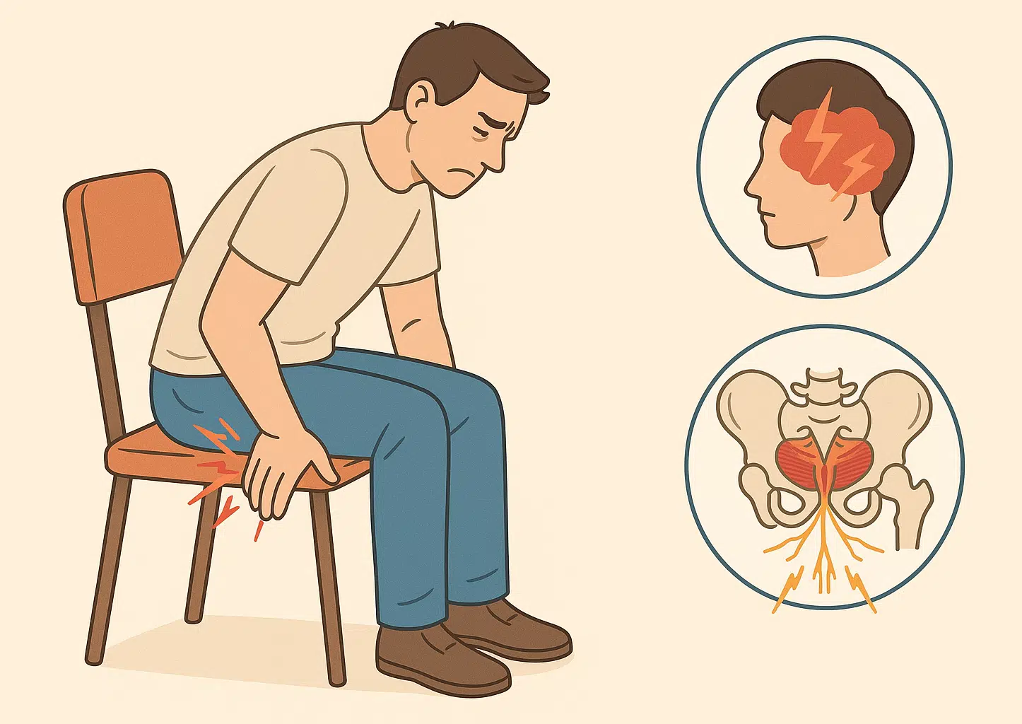 의자에 오래 앉아 항문 통증을 느끼는 사람, 골반저 근육 긴장과 신경성 통증