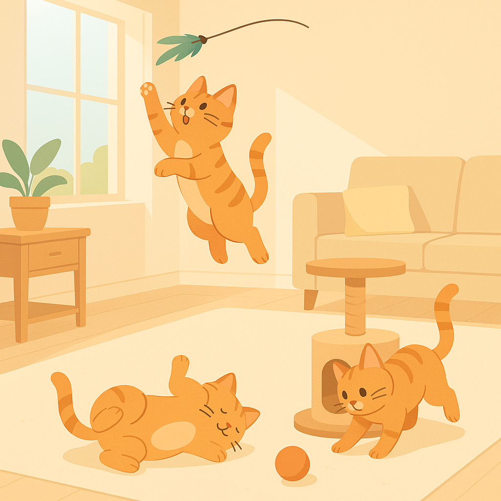 거실에서 신나게 놀고 있는 고양이 3마리
