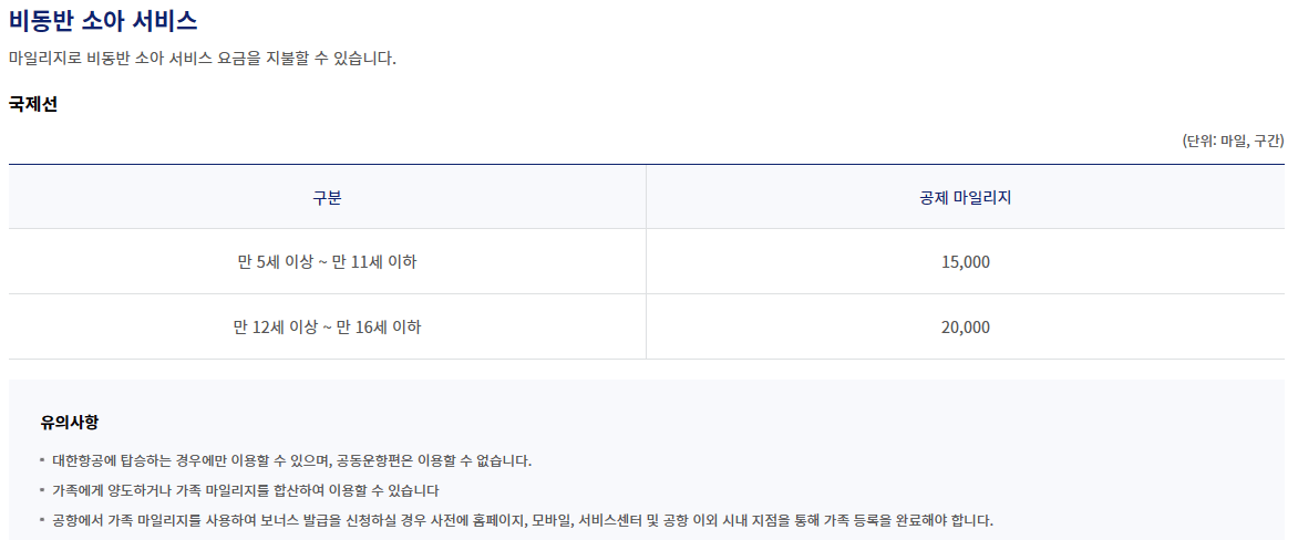 비동반 소아 서비스 마일리지가 나와 있다.