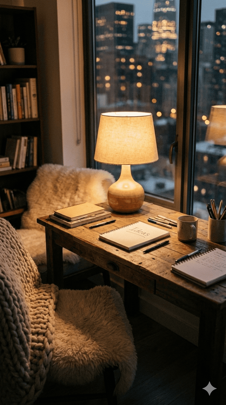 은은한 조명이 비추는 작업실 책상 위, 하루의 작업을 성공적으로 마친 후 느껴지는 뿌듯함과 평온한 저녁의 공기.