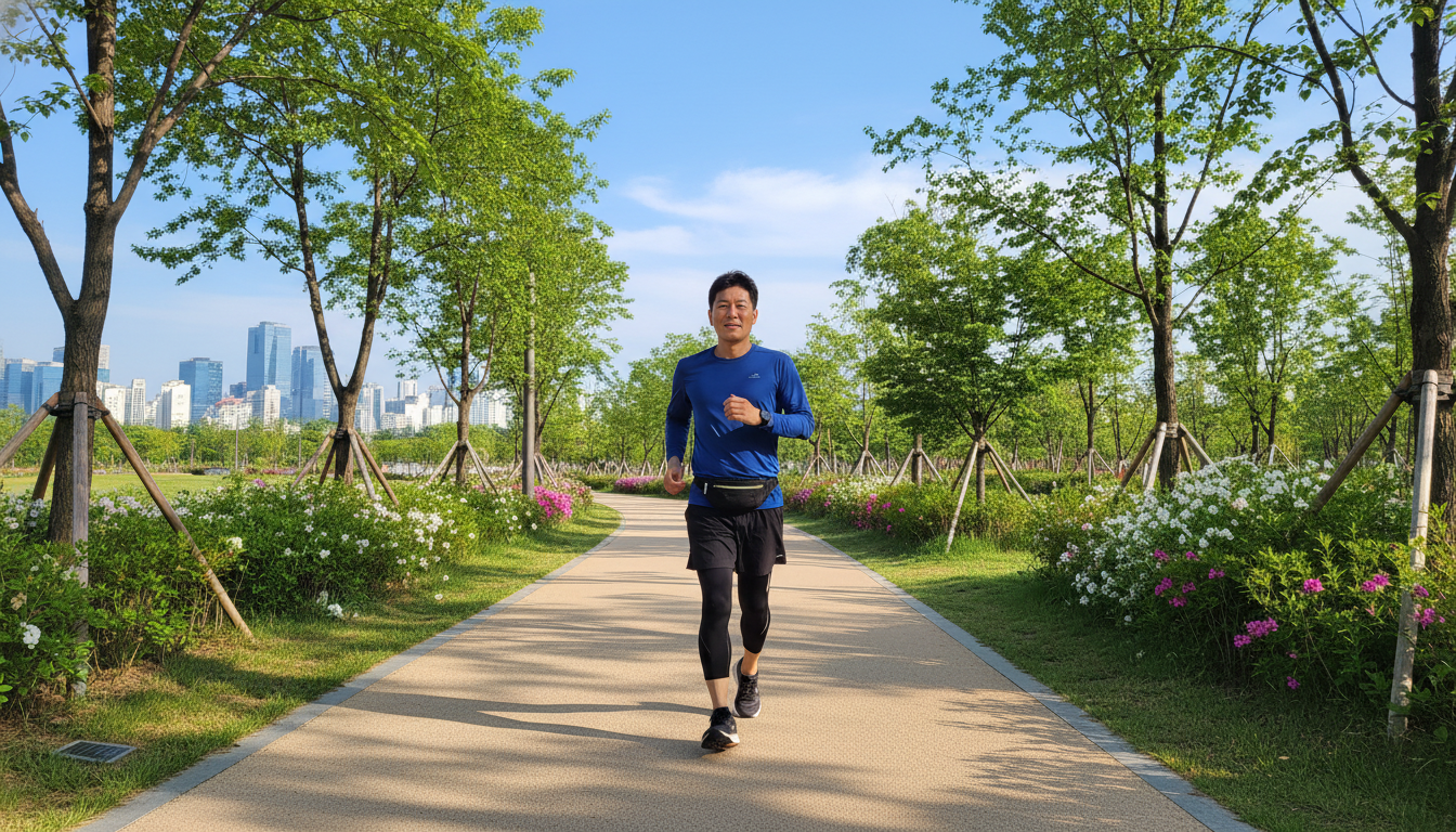 야외에서 가볍게 유산소 운동을 하는 중년 한국 남성의 모습.
