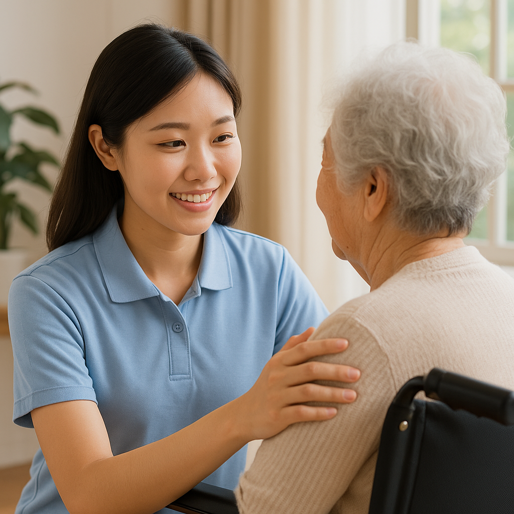 젊은 여성 돌봄 종사자가 휠체어에 앉은 노인을 다정하게 바라보며 어깨에 손을 얹고 있는 모습으로, 사회복지사 2급 자격증으로 진출 가능한 복지 현장을 상징하는 따뜻한 장면입니다. 밝고 차분한 실내 분위기가 신뢰감을 전달합니다.
