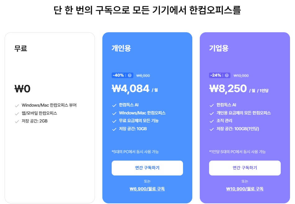 한컴독스 요금안내