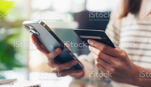 한 손에 스마트폰을 다른 한 손에는 신용카드를 들고 있는 모습의 사진