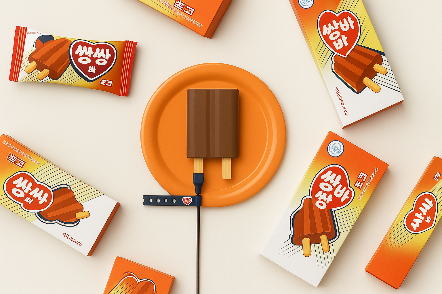 &ldquo;해태아이스 &times; 미니덕트 쌍쌍바 손난로 보조배터리 &ndash; 쌍쌍바 모양의 나무 막대 손잡이, 초콜릿 향기 시향지, 보조배터리 아이콘이 있는 감성적 디자인 이미지&rdquo;