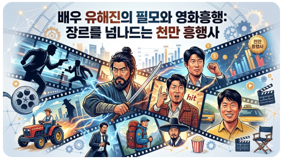 배우 유해진의 필모그래피와 영화 흥행을 다룬 블로그용 이미지입니다. 이미지 상단에는 '배우 유해진의 필모와 영화흥행: 장르를 넘나드는 천만 흥행사'라는 한국어 제목이 선명하게 쓰여 있습니다.
이 이미지는 다양한 인물과 장면들이 역동적이고 흐르는 듯한 필름 릴 구조 속에 융합된 복합적인 일러스트레이션입니다. 유해진의 특정 인물 사진 대신, 그가 연기한 주요 캐릭터들의 특징을 살린 스타일리시하고 추상적인 실루엣과 장면들이 혼합되어 저작권 문제를 피하면서도 그의 다채로운 연기 인생을 시각화했습니다.