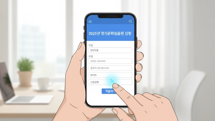 온라인으로 2025년 경기도 문화생활 바우처 신청서를 작성하고 제출하는 과정을 보여주는 스마트폰 화면 이미지. 간편한 온라인 신청 방법을 시각적으로 설명.