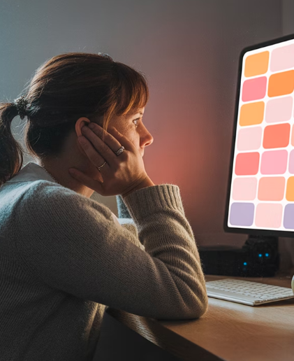 화면을 보면서 사진 보정에 대한 고민을 하는 여자 모습